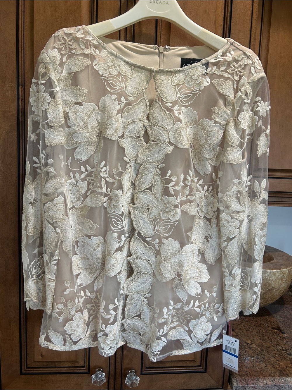 Alex Evenings Ivory Floral Embroidered Sheer Blouse